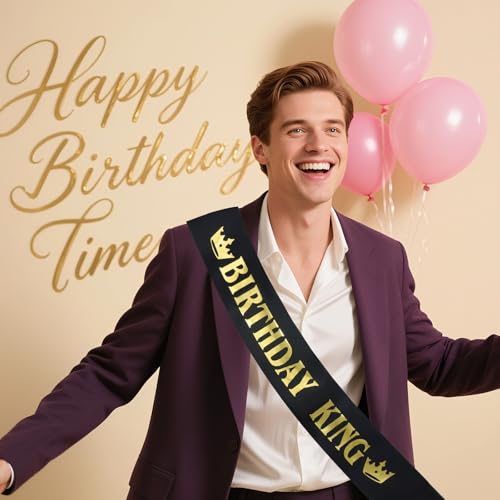 Birthday King Sash for Men - Black Satin with Gold Foil
