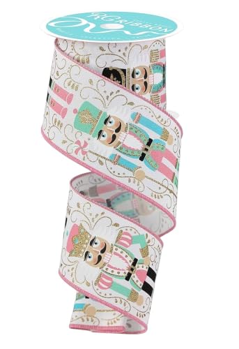 Pastel Nutcracker Ribbon 2.5 Inch Wired Christmas Bows - White, Pink, Multi