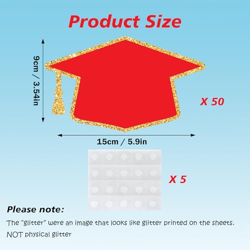 50PCS Red Gold Graduation Hat Cutouts for Decorations - 6x3.5in
