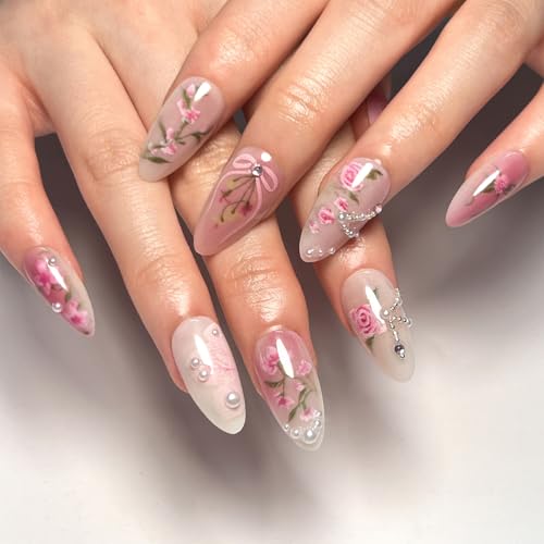 Pink Floral Medium Almond Press-On Nails with 3D Pearl Designs