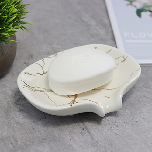 Marble Gold Ceramic Soap Dish - Self-Draining Bathroom Soap Holder