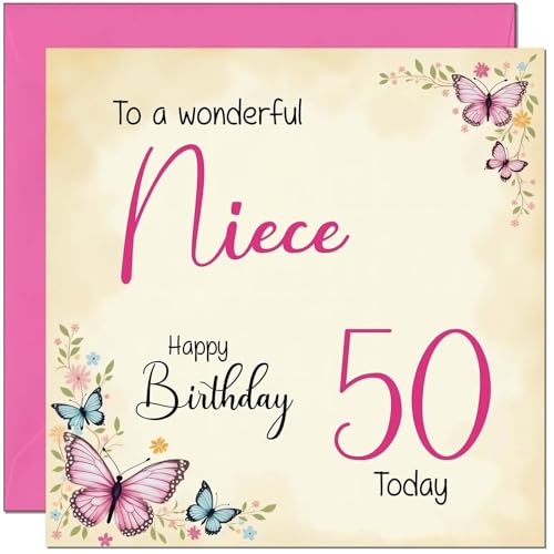 50th Birthday Card for Niece - Floral Butterfly Design