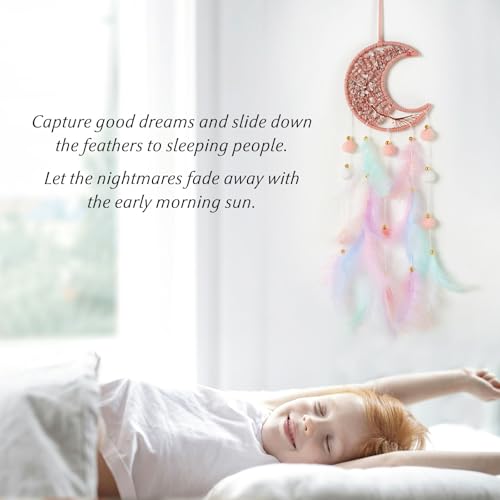 Pretty Jolly Pink Moon Dream Catcher with Crystal Stones Wall Decor