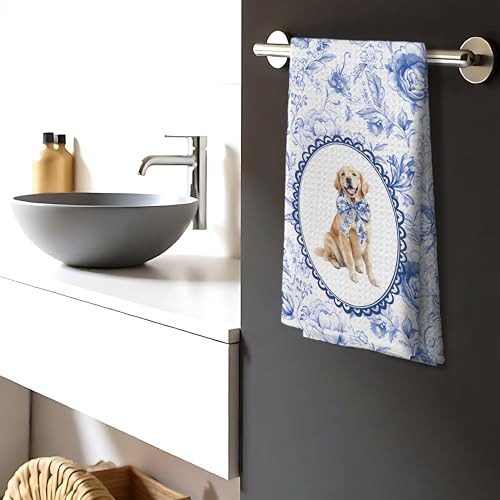 Golden Retriever Decorative Dish Towel Blue White Floral 16x24