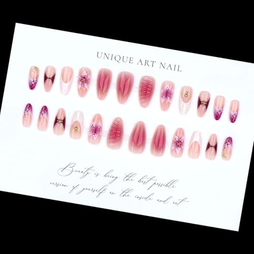 Medium Almond Press on Nails 3D Floral French Acrylic Fake Nails Kit
