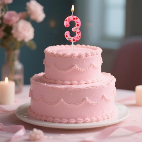 BOXOB Cherry Birthday Number 3 Candle Sweet Pink Cake Topper