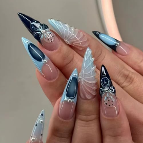 French Tip Press On Nails Long Almond Blue Black False Nails 24Pcs