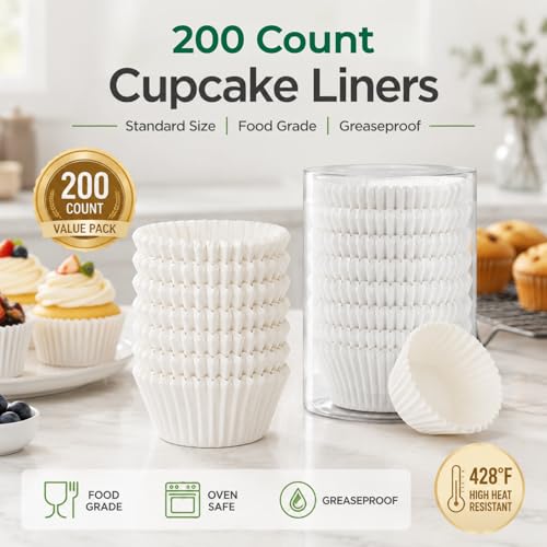 Non-Stick Cupcake Liners - Greaseproof Baking Muffin Cups (200 Pack)