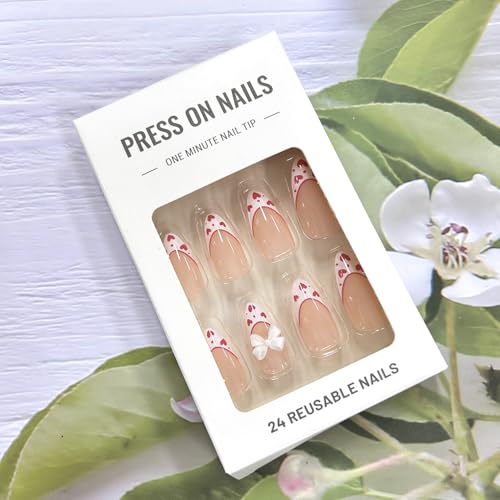 Valentine Press on Nails Short Almond White French Tip Heart Bow 24Pcs