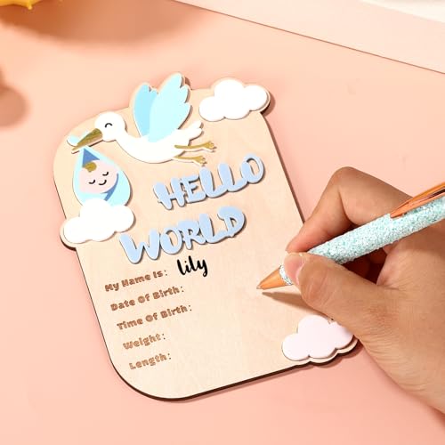 Hello World Wooden Newborn Welcome Sign for Baby Birth Announcement
