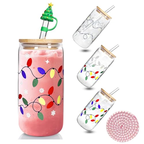Color Changing Christmas Cup with Lids & Straws - 18oz Glass Holiday Drinkware - Variation: FL-CanGlass-Xmas