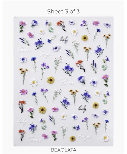 Beaolata 5D Embossed Flower Nail Stickers - Iridescent Floral Decals 3 Sheets