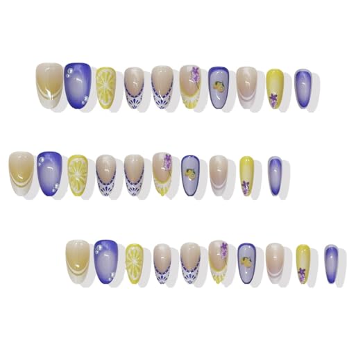 French Tip Press on Nails Medium Almond Acrylic False Nails with Lemon Flower