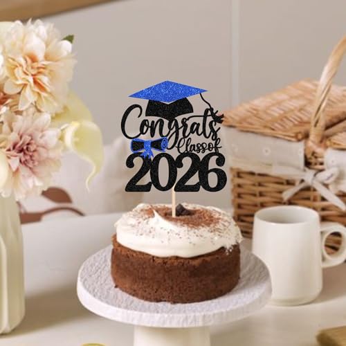 Congrats Grad 2026 Cake Topper Blue Glitter Graduation Party Decoration