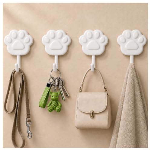Cream White Paw Design Self-Adhesive Wall Hooks - No Drill, Damage-Free