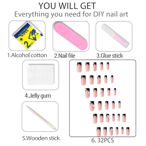 Black French Tip Press On Nails Long Square Fake Nails Kit with Flowers