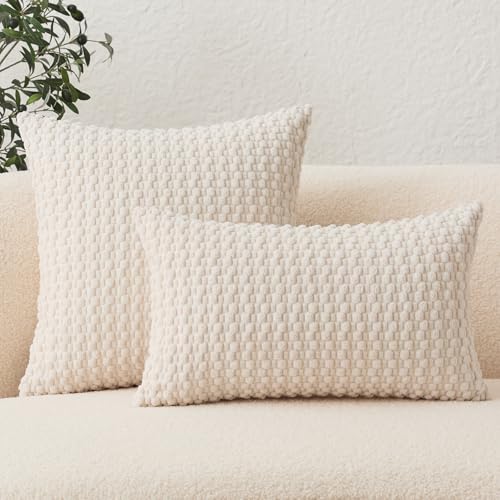 UGASA 12x20 Inch Velvet Lumbar Pillow Cover - Cream Striped Cushion