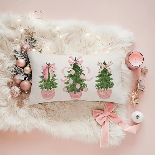Pink Christmas Tree Throw Pillow Cover - 12x20 Inch Chinoiserie Design