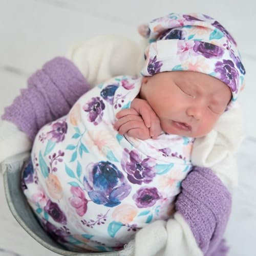 Terriboo Newborn Baby Swaddle Blanket Set with Headband, Purple Floral