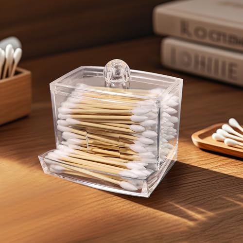 Clear Acrylic Q-Tip Holder with Lid - Compact Bathroom Vanity Storage