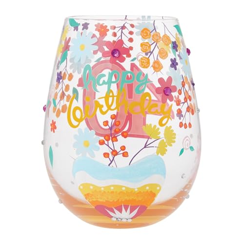 Enesco Lolita Designs Happy 40th Birthday Hand-Painted Artisan Stemless Wine Glass, 20 Ounce, Multicolor