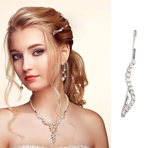 Rhinestone Bobby Pins Set, Silver Crystal Hair Clips 6 Pack