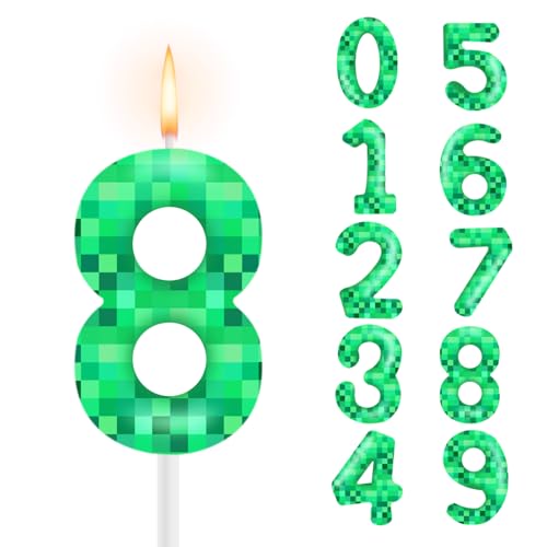 Green Pixel Number 8 Birthday Cake Candles for Game Parties