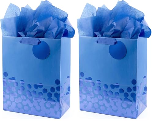 Hallmark 13-Inch Large Gift Bag with Tissue Paper, Blue Foil Dots (2-Pack)