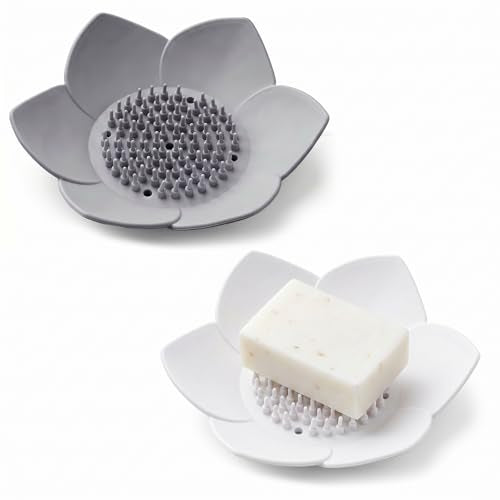 JJUNW Silicone Soap Holder - 2 Pack Self-Draining Lotus Dish
