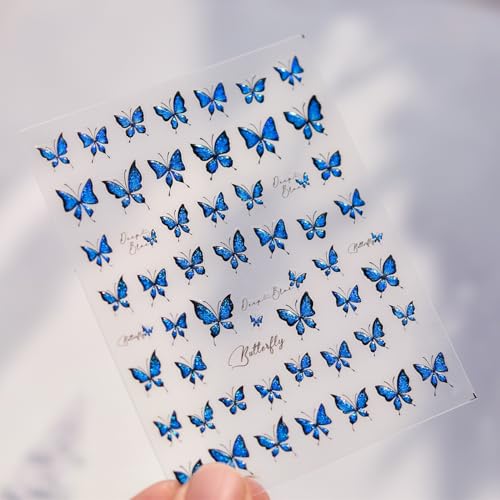 LIFOOST 5D Embossed Blue Butterfly Nail Stickers Glitter Decals DIY Manicure