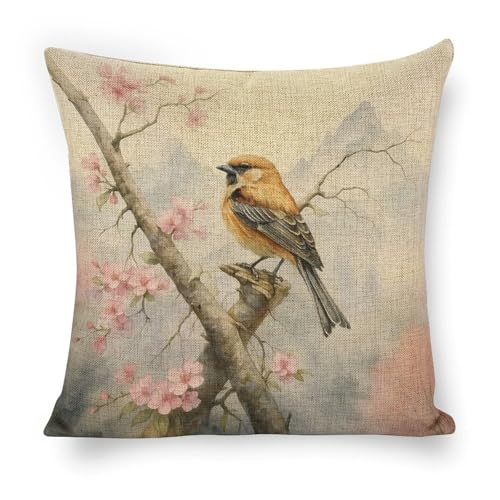 mydtiz Bird on Branch Throw Pillow Cover 18x18 Linen Cushion Case