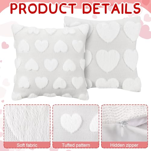 Beige Valentine's Day Heart Throw Pillow Covers 18x18 Inch - 2 Pack, Plush Faux Fur Jacquard Love Pillow Cases for Home & Living Room Decor