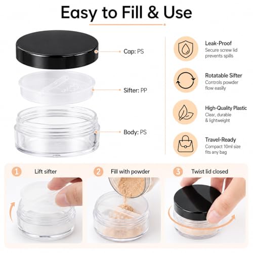 BIDEX 4 Pcs 10ml Travel Loose Powder Container with Rotatable Sifter and Leak-Proof Lid