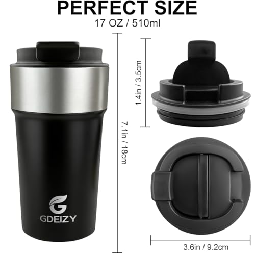 GDEIZY 17oz Insulated Travel Coffee Mug, Black Stainless Steel Tumbler