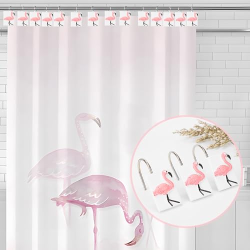 12 Pcs Pink Flamingo Shower Curtain Hooks - Waterproof Bathroom Decor
