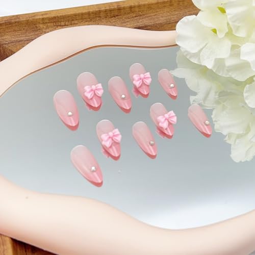 ZOAZJINAZ 3D Bow Medium Almond Press On Nails Pink French Tips Rhinestone False Nails