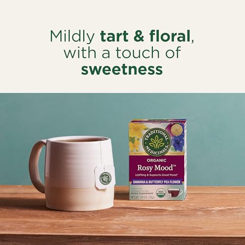 Traditional Medicinals Organic Rosy Mood Tea with Damiana & Butterfly Pea Flower - 16 Tea Bags (Pack of 2)