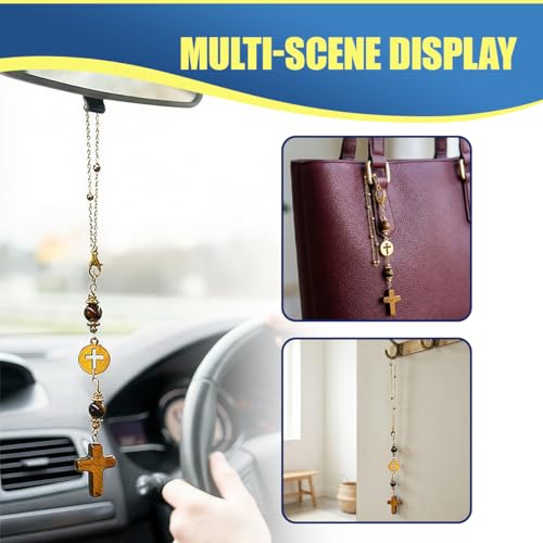 Craedli Tiger Eye Crystal Cross Car Mirror Hanging Charm Boho Auto Decor