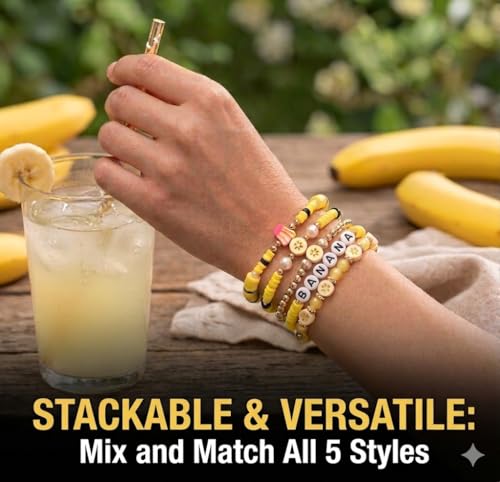 5-Piece Banana Baseball Fan Bracelet Set, Stackable Stretch Beaded Wristbands