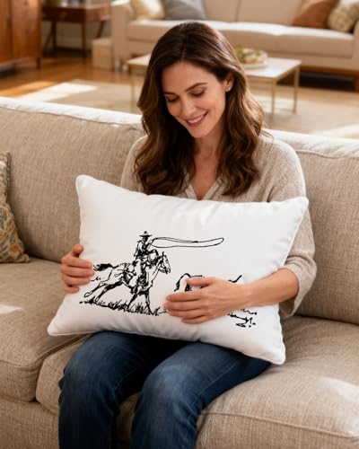 Western Cowboy Roping Bull Lumbar Pillow Cover 12x20 - Rustic Ranch Decor