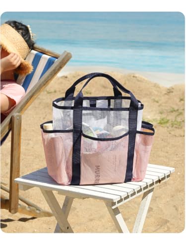 Portable Pink Mesh Shower Caddy Bag with 8 Pockets for Travel