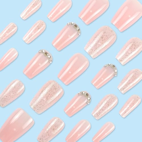 Nude Pink Press on Nails Long Coffin Glitter Glossy Rhinestone 24Pcs
