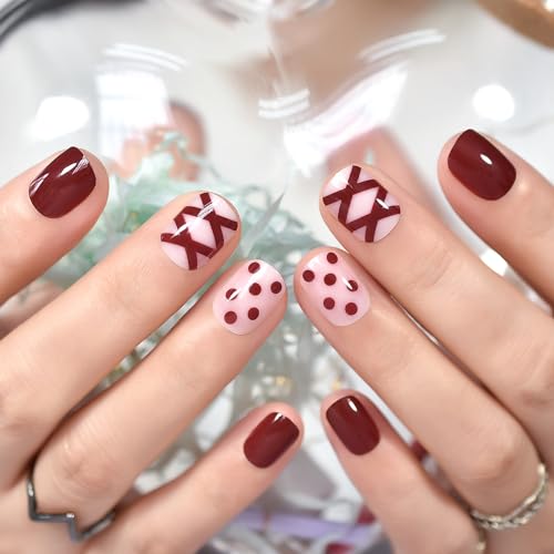iMABC Christmas Glossy Red Short Squoval Press On Nails with Bow Design