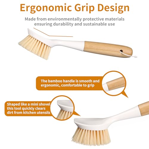 2 Pack Bamboo Handle Dish Brush with Scraper - White