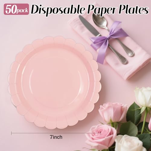 Pink Scalloped Paper Plates - 50 Pcs 7 Inch Disposable Dinner Plates for Parties