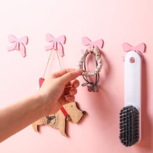 Pink Bow Wall Hooks - 6 Pack Metal Adhesive Door Hangers for Home & Kitchen Decor
