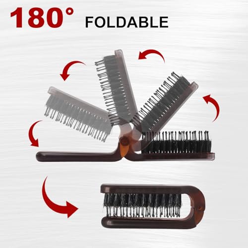Qjaiune 2 Pack Foldable Boar Bristle Hair Brush, Pocket Size Anti-Static