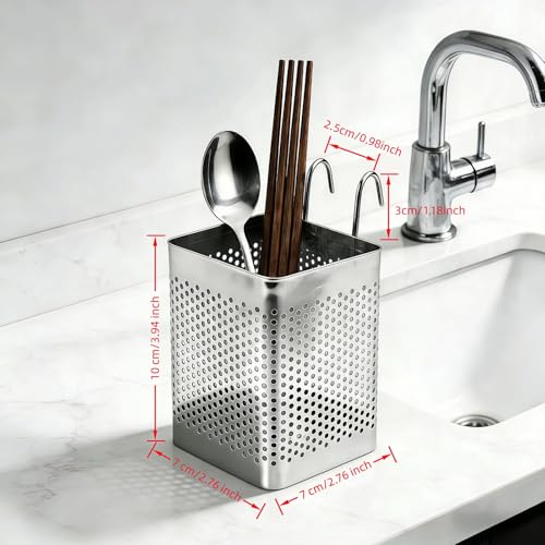 Stainless Steel Utensil Holder with Hooks - Compact Organizer