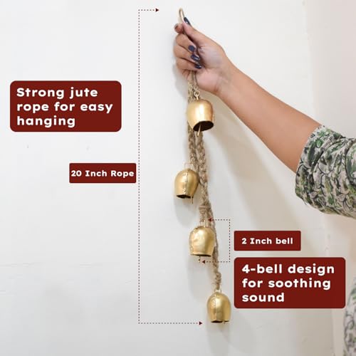 Christmas Hanging Large Cow Bells - Rustic Golden Metal Bells for Farmhouse, Garden & Holiday Décor (Medium Rope Set 4)