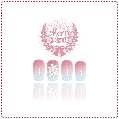 ASABITE Christmas Press on Nails Glitter Snowflake False Nails Medium Square